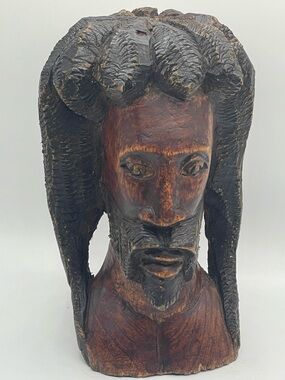 Hand-Carved Wood Bust Sculpture Jamaican Folk Art Rastafarian Man w/ Dreadlocks